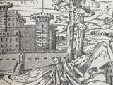 an old drawing of a man sitting on a bench in a park