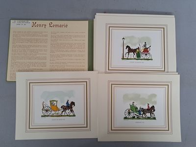 quatre gravures encadrées représentant des chevaux et des calèches, accompagnées d'un poème