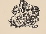 a black and white drawing of a man and a woman sitting at a table