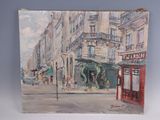 painting of a painting of a street scene with buildings and a street light