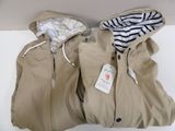 pair of jackets with hoods sitting on a white surface