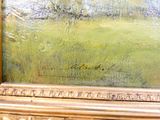 an oil painting of a green field with trees in the background