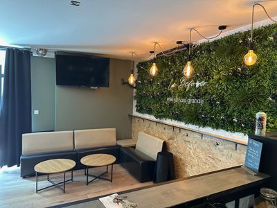 une photo d'un salon avec des canapés et un mur végétal