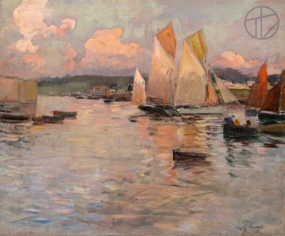 painting of sailboats in a harbor with a cloudy sky
