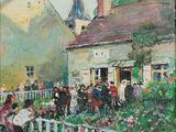 a painting of a group of people standing outside of a house