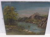 une peinture à l'huile représentant une rivière avec un château en arrière-plan