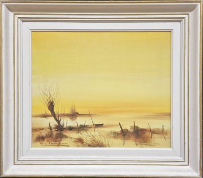 an oil painting of a yellow landscape with a tree in the foreground