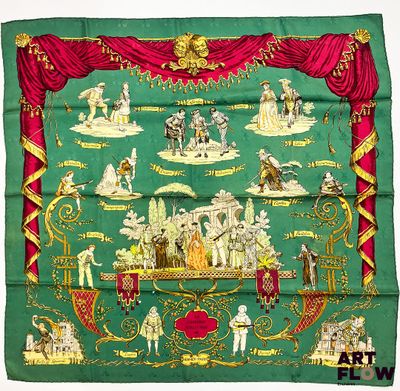 une image représentant un foulard en soie vert et rouge orné d'un motif représentant des personnes