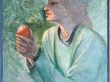 a painting of a woman holding an apple in her hand