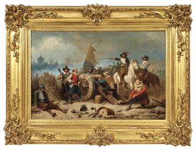 une image représentant un tableau où l'on voit un groupe d'hommes à cheval