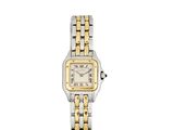 une photo d'une montre-bracelet pour femme avec un bracelet bicolore or et argent