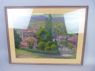 painting of a landscape with a house and trees in the foreground