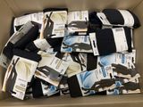a cardboard box full of men ' s black and white socks