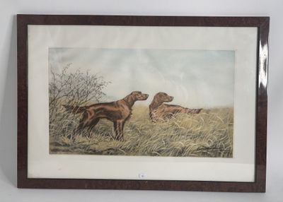 painting of two dogs in a field of tall grass with a sky in the background