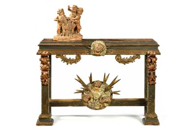 a wooden table with a clock on top of it