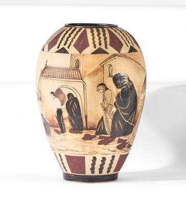 a vase with a painting of a man and a woman on it