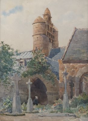 painting of an old building with a clock tower in the background