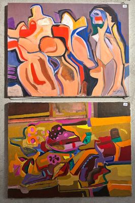 three paintings of people are hanging on a wall in a room
