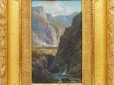 une peinture représentant une scène de montagne avec une rivière au premier plan