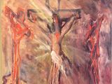 painting of jesus on the cross with three crucifs in the background