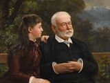 painting of an old man and a young girl sitting on a bench