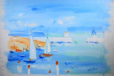 tableau représentant des voiliers dans un port, avec un phare en arrière-plan