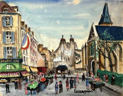 a painting of a city street with people walking on it
