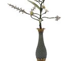 a green vase with flowers in it on a white background
