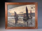 painting of sailboats in the water at sunset with a sky background