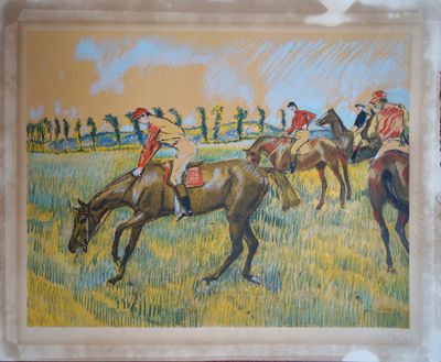 une photo d'un tableau représentant des chevaux et des jockeys dans un champ