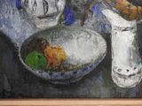 a painting of a bowl of fruit and a pitcher on a table