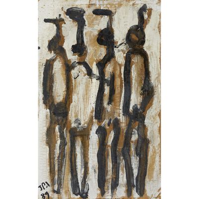 a painting of three men with hats and tails standing next to each other