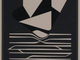 an image of a black and white poster with a boat in the water