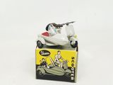 a small toy car with a man in a boat on top of it
