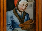 tableau représentant une femme tenant un chien, dans un cadre en bois