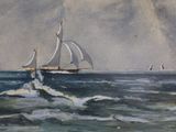 a painting of a sailboat sailing in the ocean