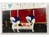 painting of two ostriches on a bench in front of a red wall