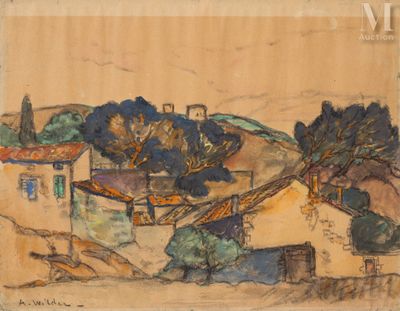 une image représentant un tableau d'un village avec des arbres à flanc de colline