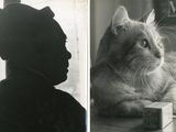 deux photos en noir et blanc représentant un chat et une femme