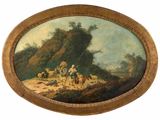 painting of a group of people riding on horses in a mountainous landscape