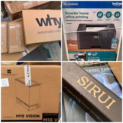 plusieurs photos montrant tout un tas d'imprimantes de différents types dans leurs cartons