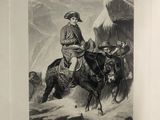 an old picture of a man riding a horse in the snow