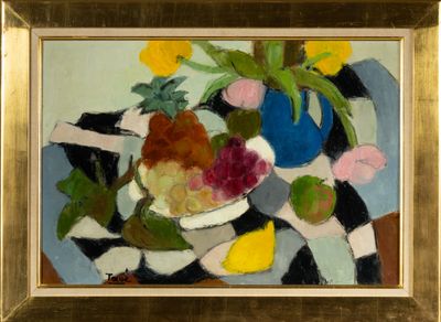 une peinture représentant des fruits et des fleurs dans un vase posé sur une table