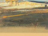 painting of an airplane on a runway with a building in the background