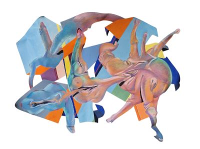 tableau représentant un homme à cheval, perché au sommet d'un objet bleu et orange