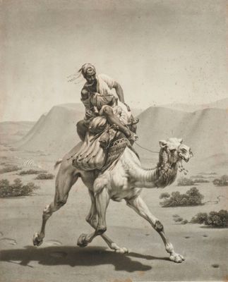 tableau représentant un homme à dos de chameau dans le désert, avec des montagnes en arrière-plan