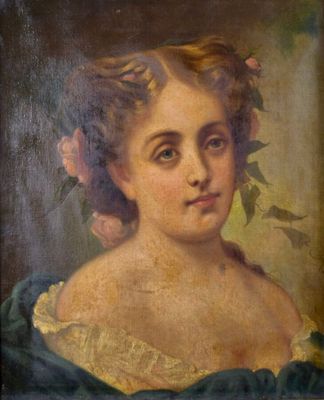 une peinture représentant une femme avec une fleur dans les cheveux