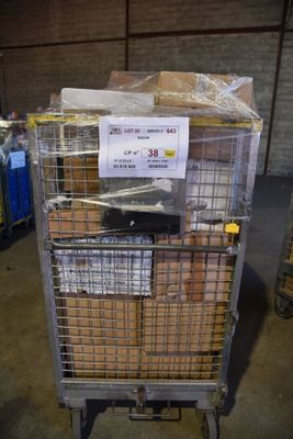a cart full of eggs in a warehouse with a sign on top of it