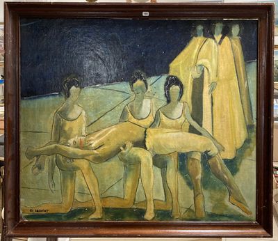 tableau représentant un groupe de nus dans une pièce aux murs en briques
