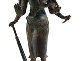 bronze statue of a woman holding a sword and a shield